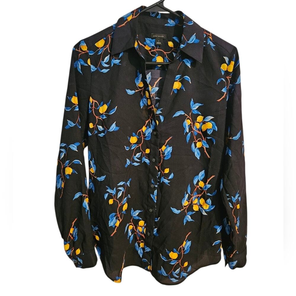 Ann Taylor Woman's long sleeve blouse Dark navy with Lemons size Small
